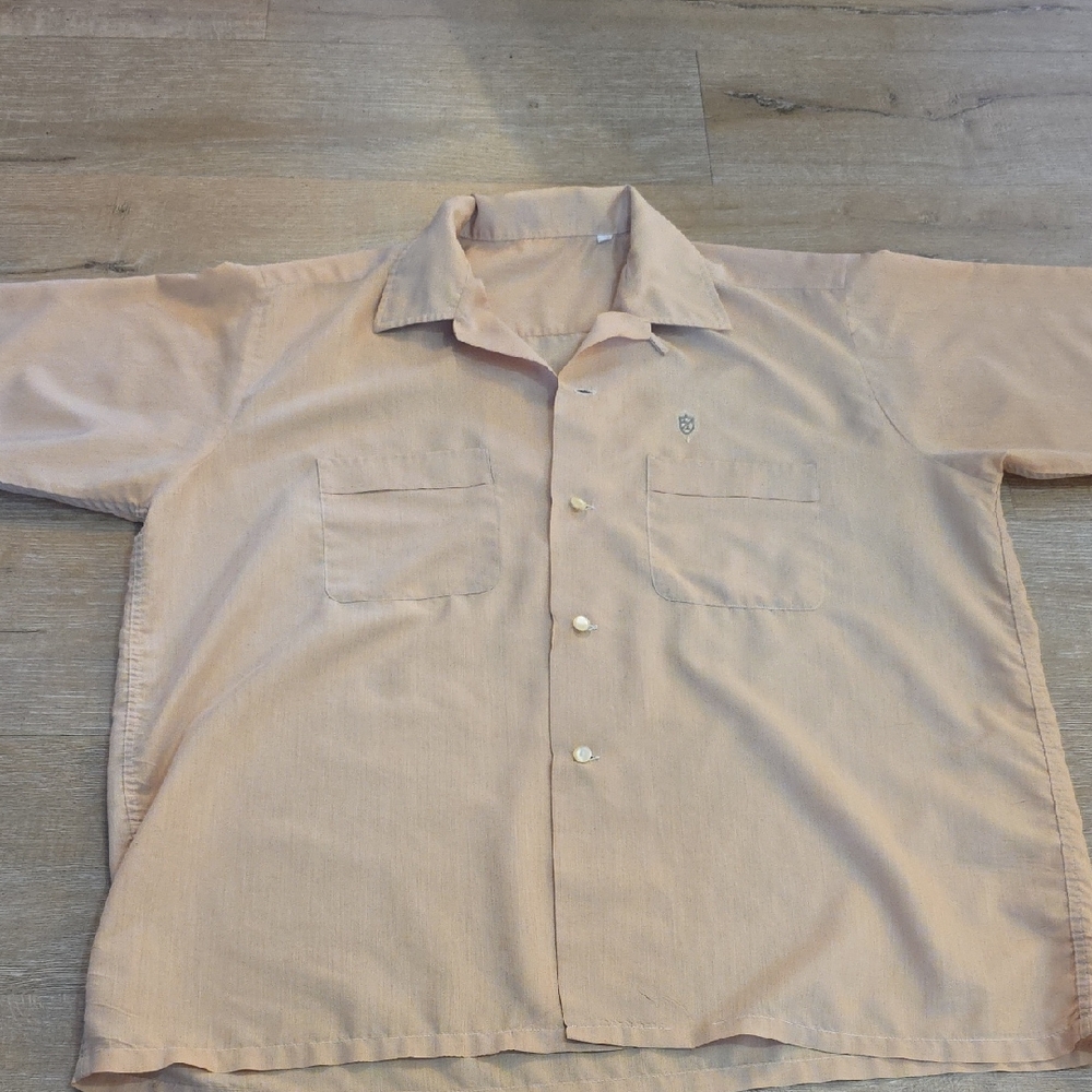 Vintage Men's Beige Short Sleeve Button-Up Shirt